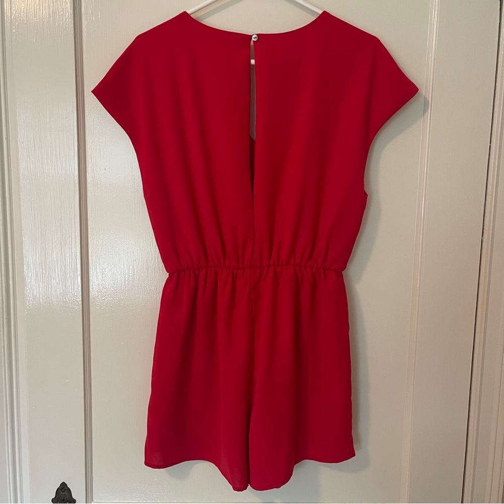 Red Ruched Romper w Open Back - Picture 3 of 4
